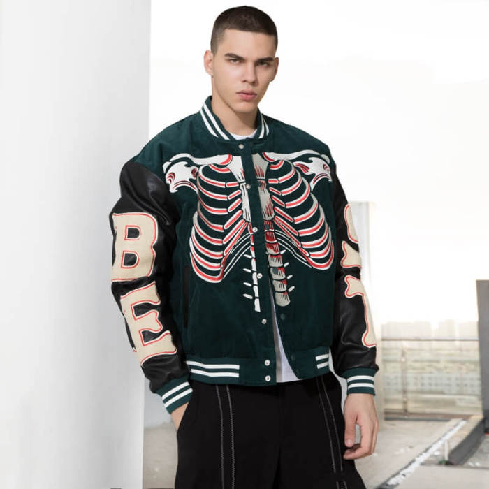 Custom Skeleton Printed Embroidery Baseball Jacket | Embroidery & Towel Embroidery | Corduroy Fabric