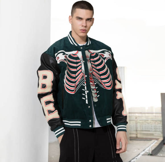 Custom Skeleton Printed Embroidery Baseball Jacket | Embroidery & Towel Embroidery | Corduroy Fabric