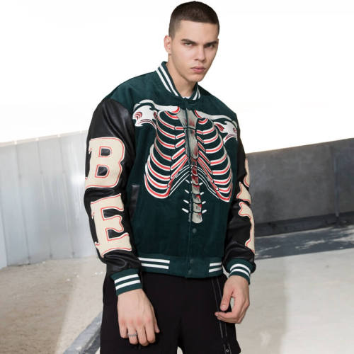 Custom Skeleton Pattern Color Block Varsity Jacket | Dark Street Style | Touches Dark Original Design Baseball Jacket