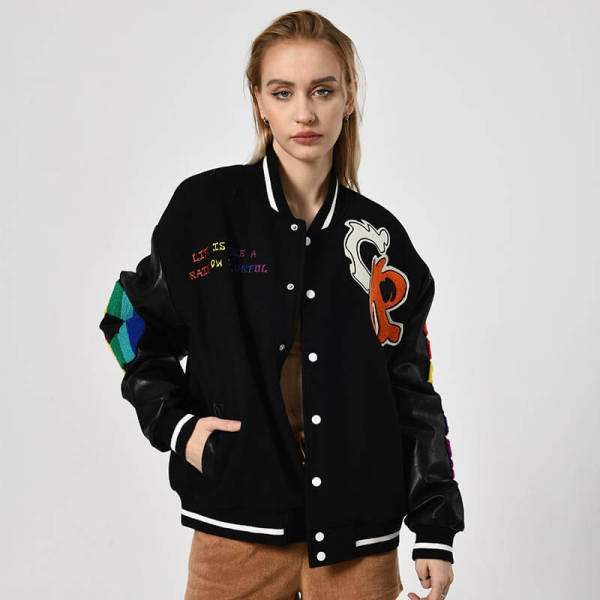Custom Spliced Leather Sleeve Women Varsity Jackets | Street Style | Touches Dark Original Design Women Baseball Jacket