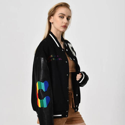 Custom Spliced Leather Sleeve Women Varsity Jackets | Street Style | Touches Dark Original Design Women Baseball Jacket