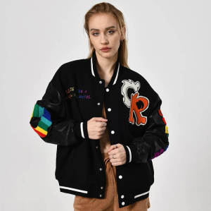 Custom Spliced Leather Sleeve Women Varsity Jackets | Street Style | Touches Dark Original Design Women Baseball Jacket