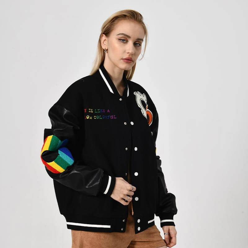 Custom Spliced Leather Sleeve Women Varsity Jackets