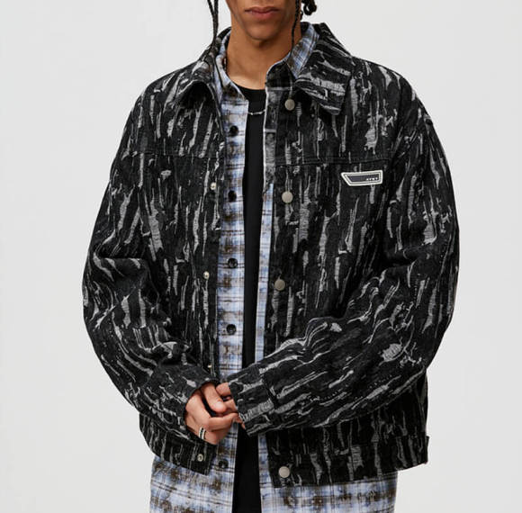 Custom Washed Jacquard Denim Jacket | Street Style | Touches Dark Original Design Vintage Street Style Jacket