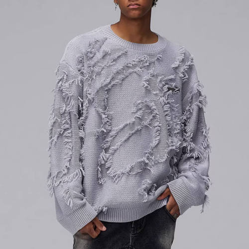 Custom Fringe Jacquard Crew Neck Sweater | Dark Vintage Style Sweater | Custom Sweater Manufacturer | OEM & ODM