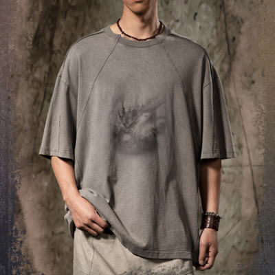 Vintage Washed Dragon Printing Batik T-Shirt | 250GSM, Cotton Fabric | Vintage Street Style | Dark Style Streetwear T-Shirts