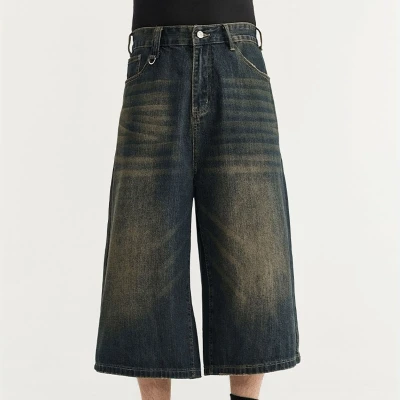 OEM Custom Washed Wide Leg Capri Jeans | Denim Fabric | Vintage Style Pants | Custom Jeans Manufacturer | OEM & ODM