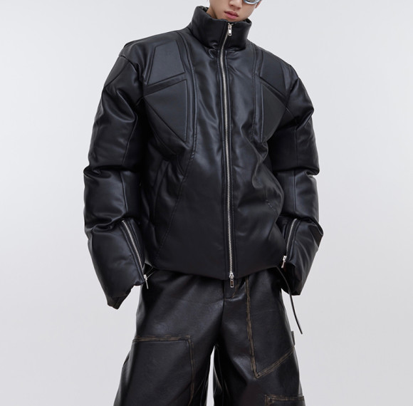 Custom PU Leather Patchwork Cotton Coat Puffer Jacket | Leather Fabrics | High Street Style | Custom Jacket Manufacturer | OEM & ODM