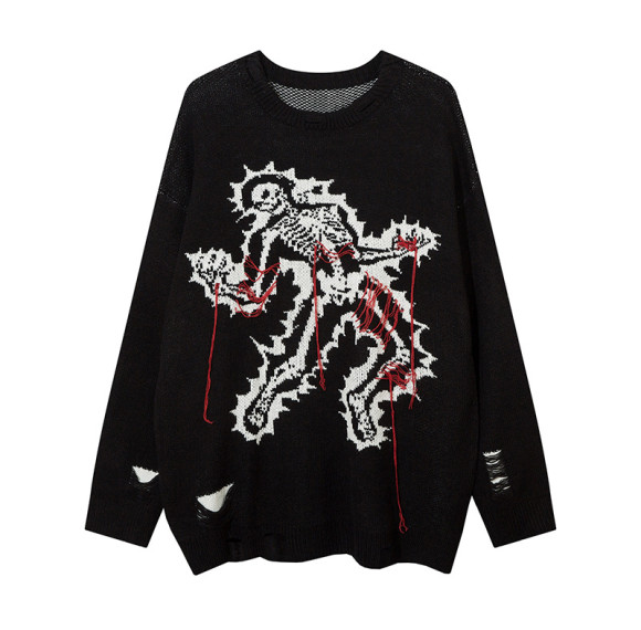 Custom Halloween Skeleton Tattered Sweater | Blended Fabrics | Punk Style | Custom Vintage Sweater Manufacturer