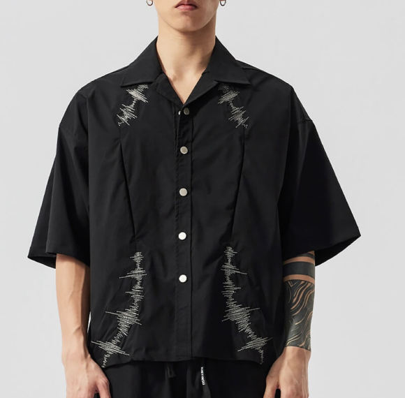 Custom Embroidered Pleated Button Down Shirt | Nylon Fabrics | High Street Style | Boxy Fit | Custom Vintage Shirts Manufacturer