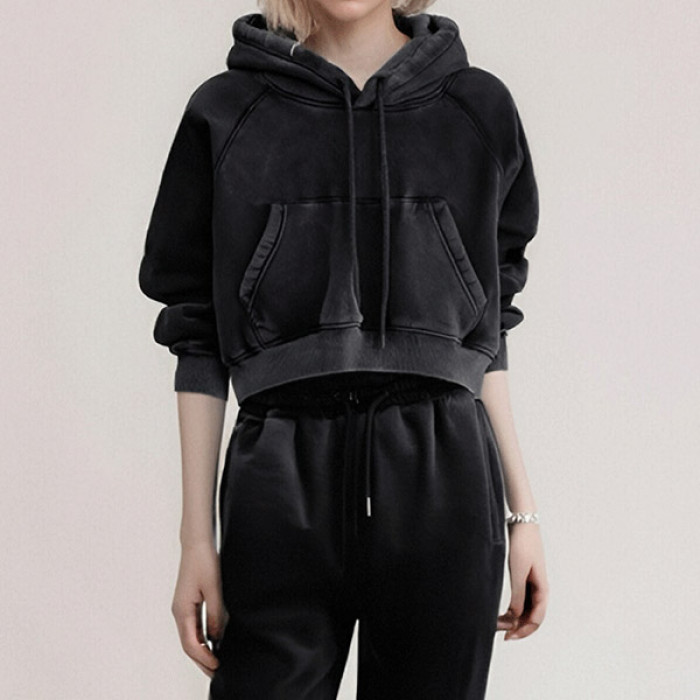 Custom Solid Color Snow Washed Cropped Hoodies | Streetwear Cropped Hoodies | Vintage Hoodies Manufacturer