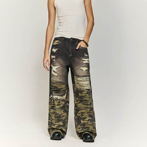 Washed and Spliced Camouflage Jeans | Customizable Logo | Streetwear Jeans Manufacturer