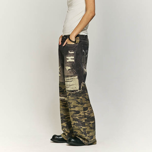 Washed and Spliced Camouflage Jeans | Customizable Logo | Streetwear Jeans Manufacturer