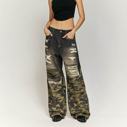 Washed and Spliced Camouflage Jeans | Customizable Logo | Streetwear Jeans Manufacturer