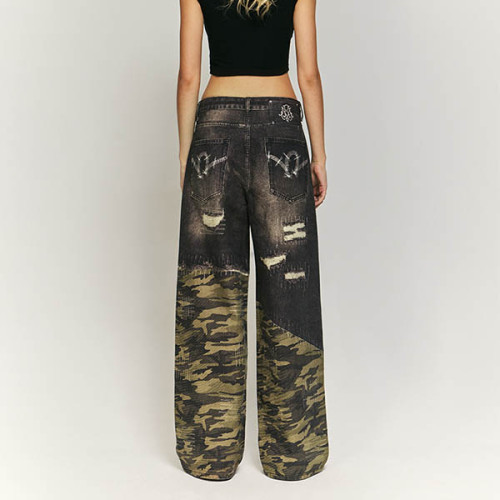 Washed and Spliced Camouflage Jeans | Customizable Logo | Streetwear Jeans Manufacturer