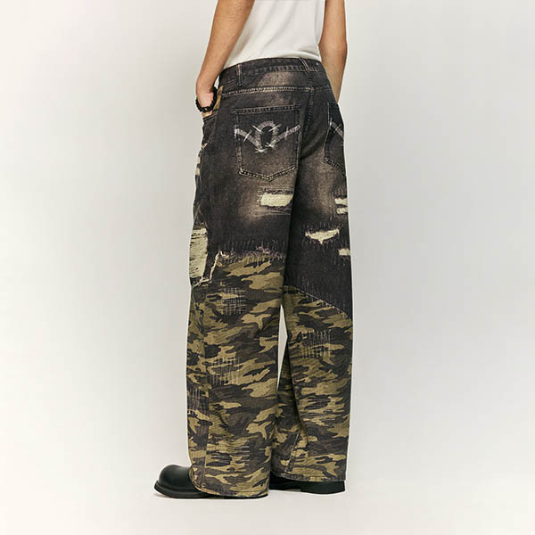 Washed and Spliced Camouflage Jeans