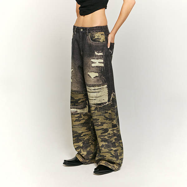 Washed and Spliced Camouflage Jeans