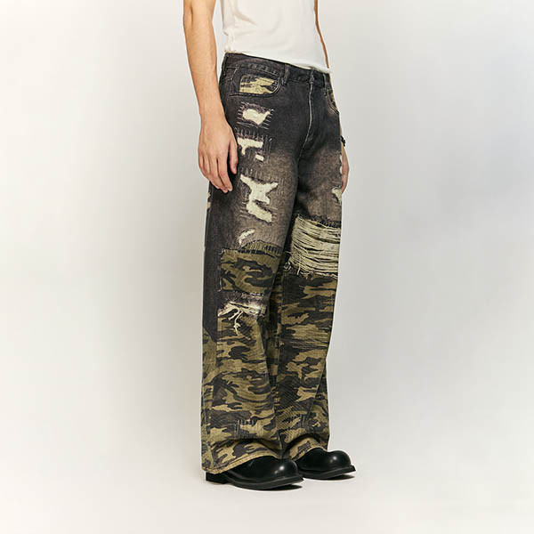 Washed and Spliced Camouflage Jeans