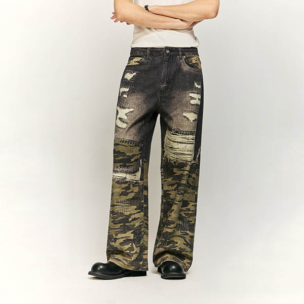 Washed and Spliced Camouflage Jeans