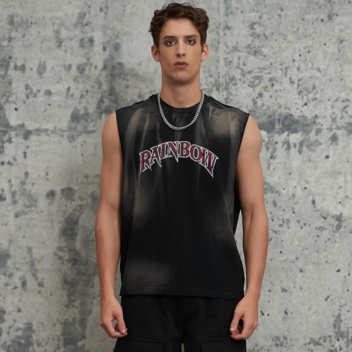 Custom Washed Letter Printed Sleeveless T-Shirts | 200GSM 100% Cotton Fabrics | Support OEM/ODM