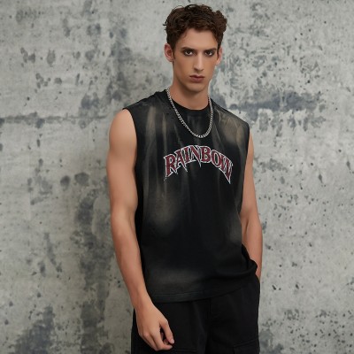 Custom Washed Letter Printed Sleeveless T-Shirts | 200GSM 100% Cotton Fabrics | Support OEM/ODM