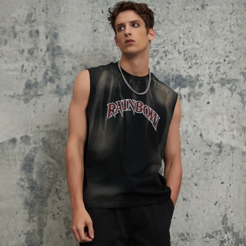 ORI240707 Washed & Sprayed Color Gradient Vintage Letter Print Sleeveless T-shirt | Vintage Street Style | Streetwear T-shirts Manufacturer