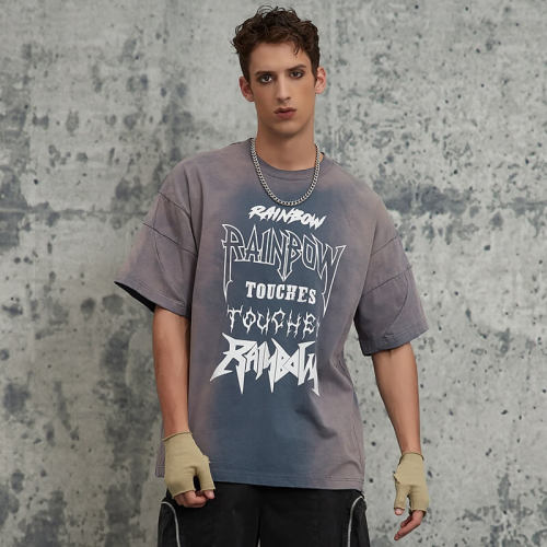 2025 Summer New Stopper Outflap Washed Gradient Do-over Letter Print T-shirts | Vintage Street Style | Streetwear T-shirts Manufacturer