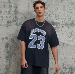 2025 Summer New Sport Letter Printed Spray Horse Hooded Aged Raglan T-shirts | Vintage Street Style | Streetwear T-shirts Manufacturer