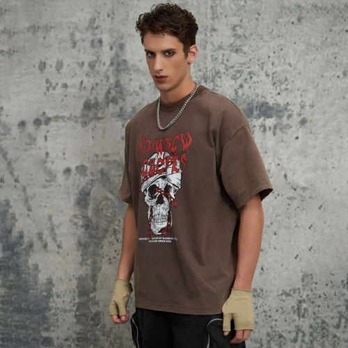 2025 Summer New Dark Skull Chain Graphic Print Washed T-Shirt | Dark Street Style | Streetwear T-shirts Manufacturer