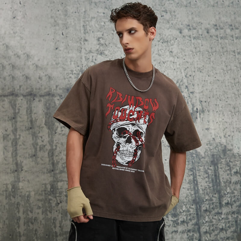 2025 Summer New Dark Skull Chain Graphic Print Washed T-Shirt