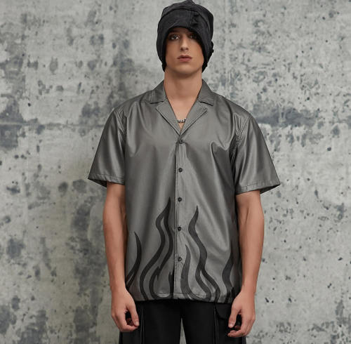 Summer New Flame Print Faux Leather Short Sleeve Shirt | Vintage Street Style | Streetwear Shirts Manufacturer