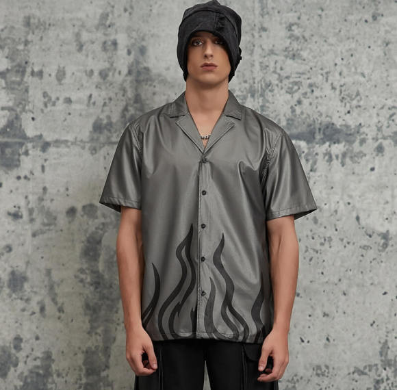 Summer New Flame Print Faux Leather Short Sleeve Shirt | Vintage Street Style | Streetwear Shirts Manufacturer