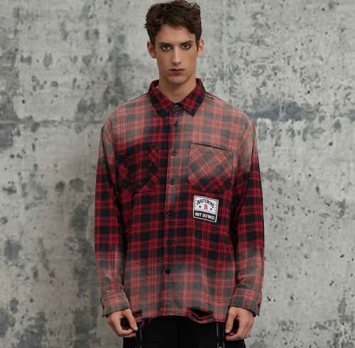 Fall Original Design Red & Black Plaid Sun Dried Torn Long Sleeve Shirt | Dark Street Style | Streetwear Shirts Manufacturer