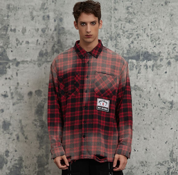 Fall Original Design Red & Black Plaid Sun Dried Torn Long Sleeve Shirt | Dark Street Style | Streetwear Shirts Manufacturer