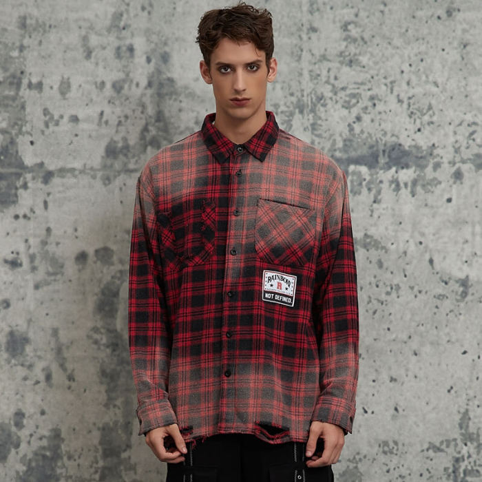 Fall Original Design Red & Black Plaid Sun Dried Torn Long Sleeve Shirt | Dark Street Style | Streetwear Shirts Manufacturer