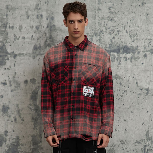 Fall Original Design Red & Black Plaid Spray Monkey Torn Long Sleeve Shirt | Dark Street Style | Streetwear Shirts Manufacturer