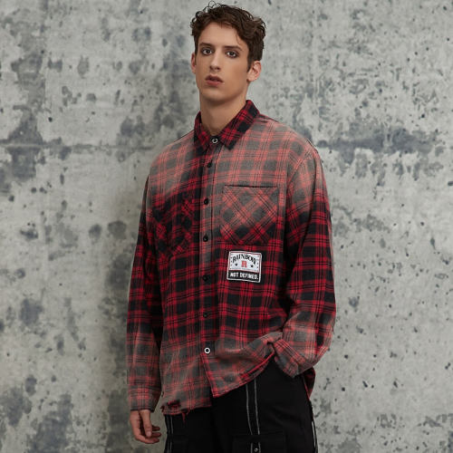 Fall Original Design Red & Black Plaid Spray Monkey Torn Long Sleeve Shirt | Dark Street Style | Streetwear Shirts Manufacturer