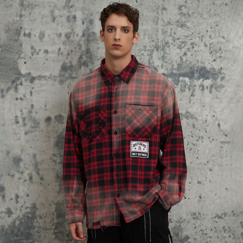 Fall Original Design Red & Black Plaid Spray Monkey Torn Long Sleeve Shirt | Dark Street Style | Streetwear Shirts Manufacturer