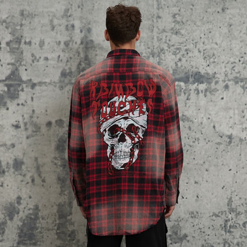 Fall Original Design Red & Black Plaid Spray Monkey Torn Long Sleeve Shirt | Dark Street Style | Streetwear Shirts Manufacturer