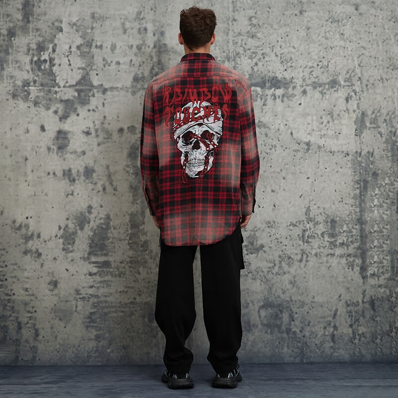 Fall Original Design Red & Black Plaid Spray Monkey Torn Long Sleeve Shirt