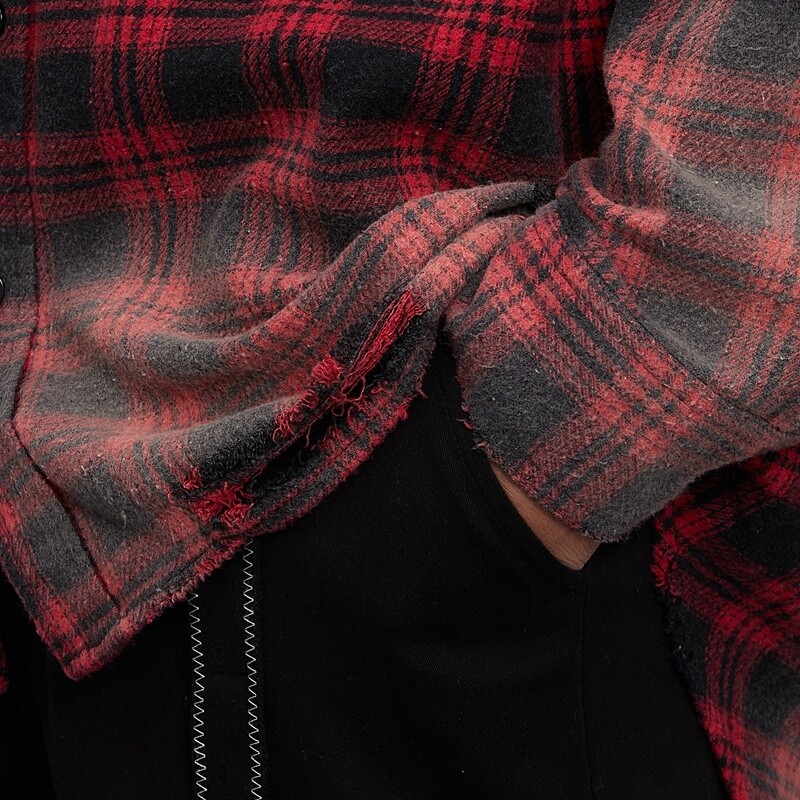 Fall Original Design Red & Black Plaid Sun Dried Torn Long Sleeve Shirt