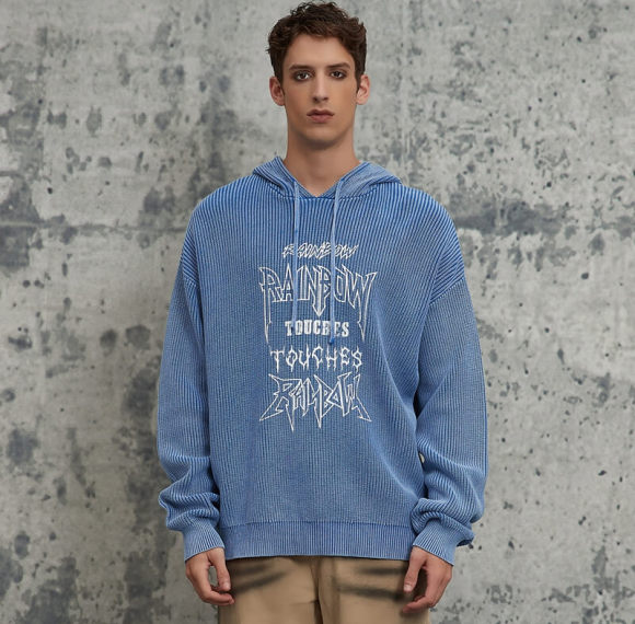 ORI240324 Snow Washed Alphabet Printed Hooded Woolen Sweater | Vintage Street Style | Streetwear Sweater Manufacturer