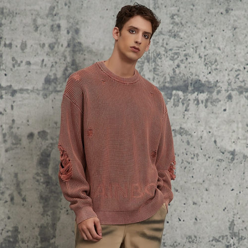 ORI240411 Pullover mit Rundhalsausschnitt und Lochmuster in Blumenbuchstaben | Vintage-Streetstyle / Wasteland-Style | Hersteller von Streetwear-Pullovern