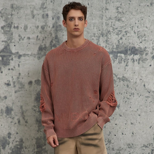 ORI240411 Pullover mit Rundhalsausschnitt und Lochmuster in Blumenbuchstaben | Vintage-Streetstyle / Wasteland-Style | Hersteller von Streetwear-Pullovern