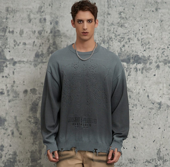 ORI240412 Custom Skeleton Alphabet Embroidered Gradient Crew Knit | Dark Street Style | Streetwear Sweater Manufacturer