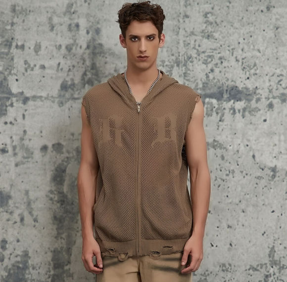 ORI240613 Fishing Net Rough Hole Wool Knit Hooded Vest | Dark Street Style | Streetwear Sweater Manufacturer