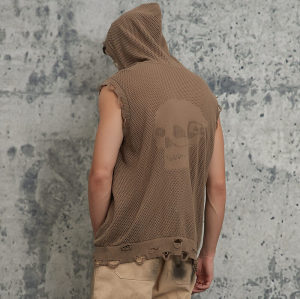 ORI240613 Fishing Net Rough Hole Wool Knit Hooded Vest | Dark Street Style | Streetwear Sweater Manufacturer