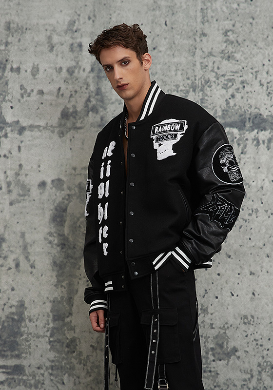 Dark Skull Letter Black and White Baseball Jacket