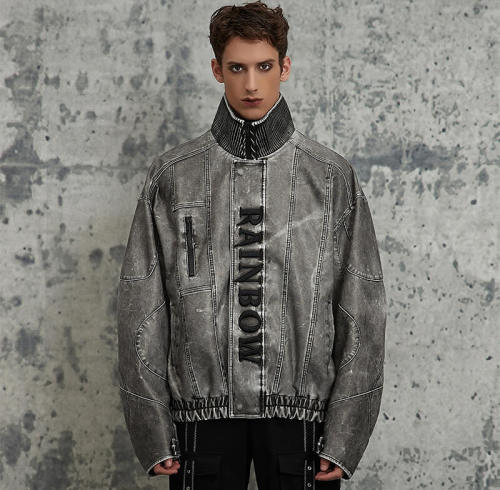 Custom Standing Collar Washed Faded Vintage Leather Jacket | Washing Fading & 3D Convex Embroider