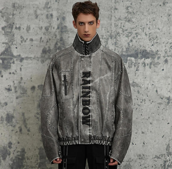 Custom Standing Collar Washed Faded Vintage Leather Jacket | Washing Fading & 3D Convex Embroider